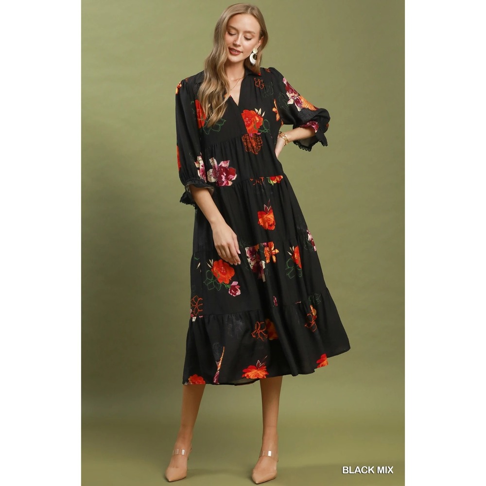 Umgee Floral Print Tiered Midi Dress with Puff Sleeves - Black Mix - Large - Picture 5 of 6